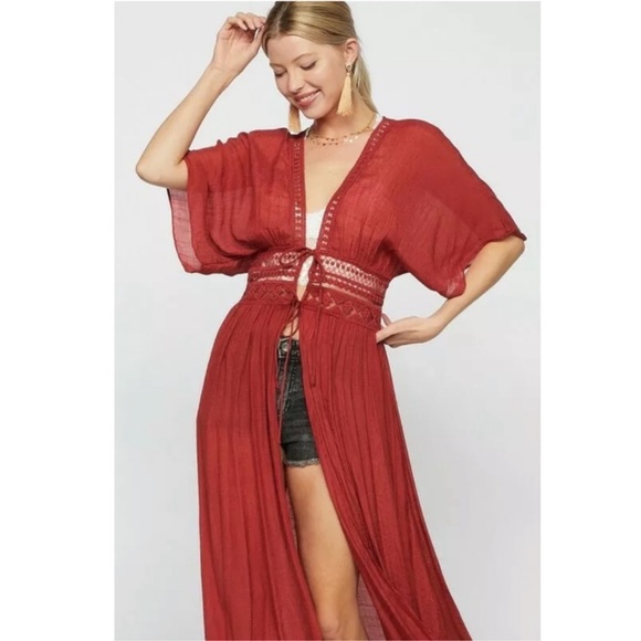 SOLD OUT CLEARANCE Rust Boho Crochet Short Sleeve Kimono Duster - Picture 4 of 4
